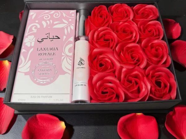Box Roses Rouges, Parfum Luxuria et Lip Glow Rose Claire