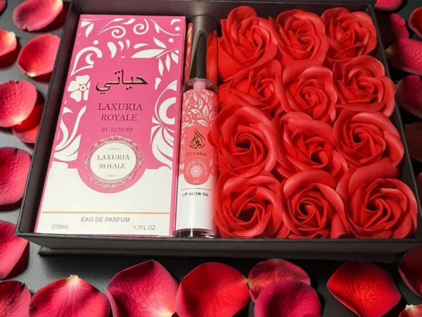 Box Roses Rouges, Parfum Luxuria et Lip Glow Rose Claire