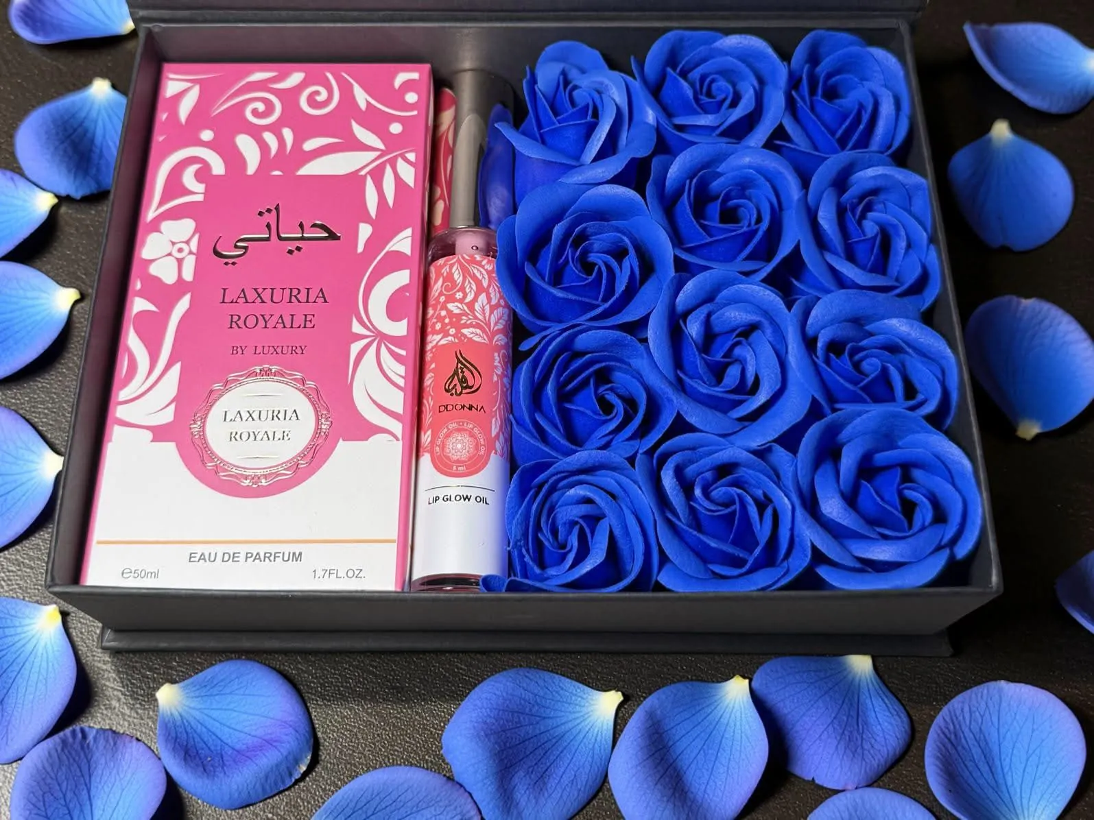 Box Roses Bleues, Parfum Luxuria et Lip Glow Rose Foncé